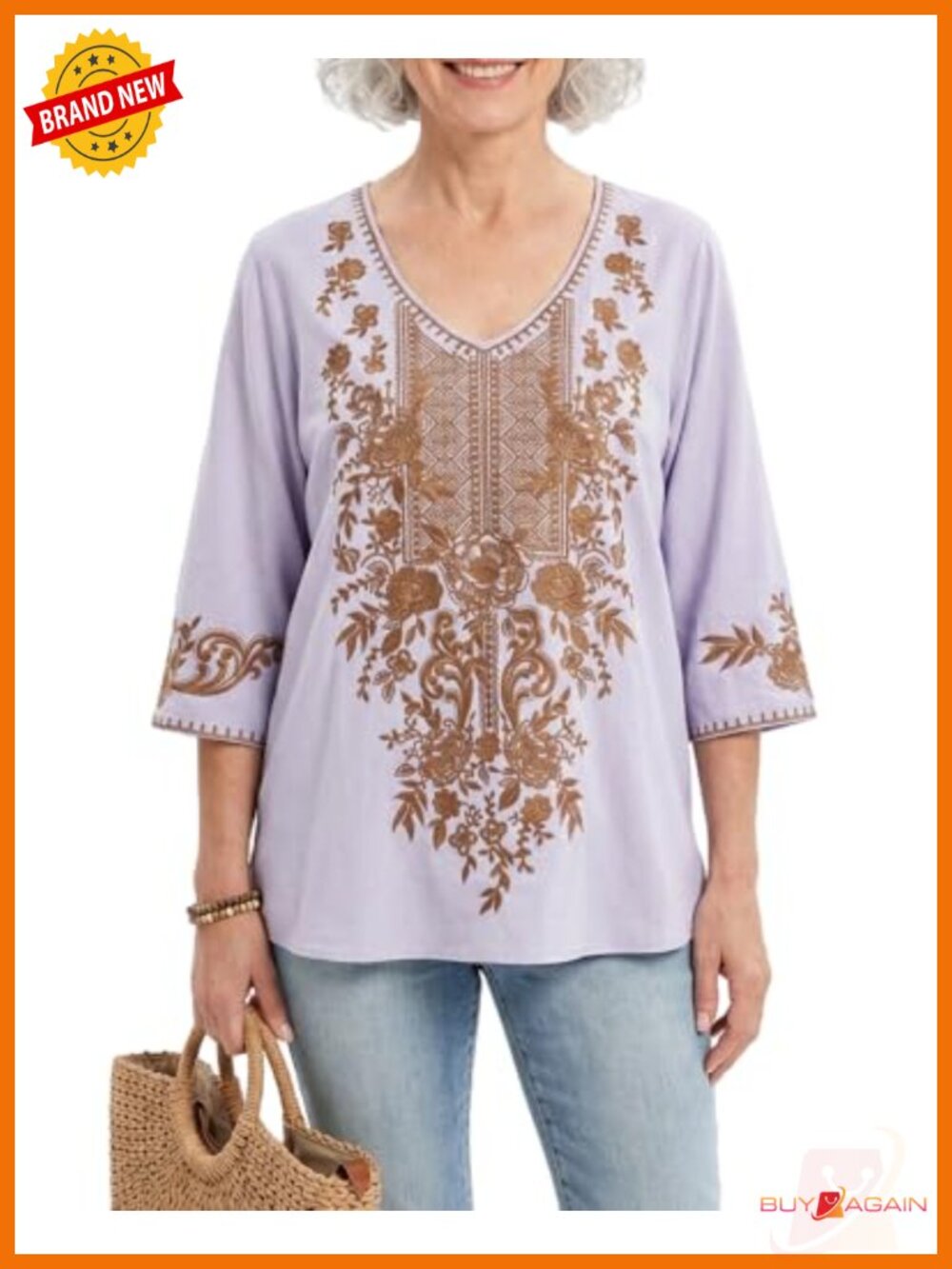 Mexican Embroidered Boho Peasant Blouse 3/4 Sleeve Cotton Tunic Top